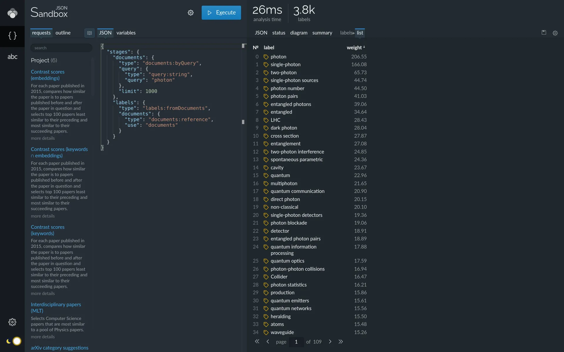 Lingo4G JSON sandbox app, labels from documents (dark theme).