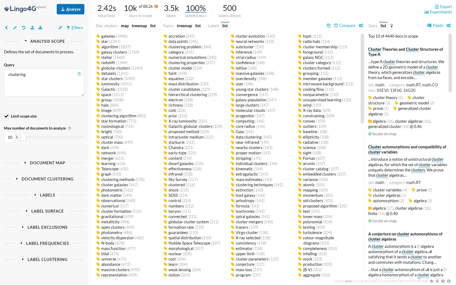 List of labels Lingo4G extracted from the documents containing the word 'embeddings'.