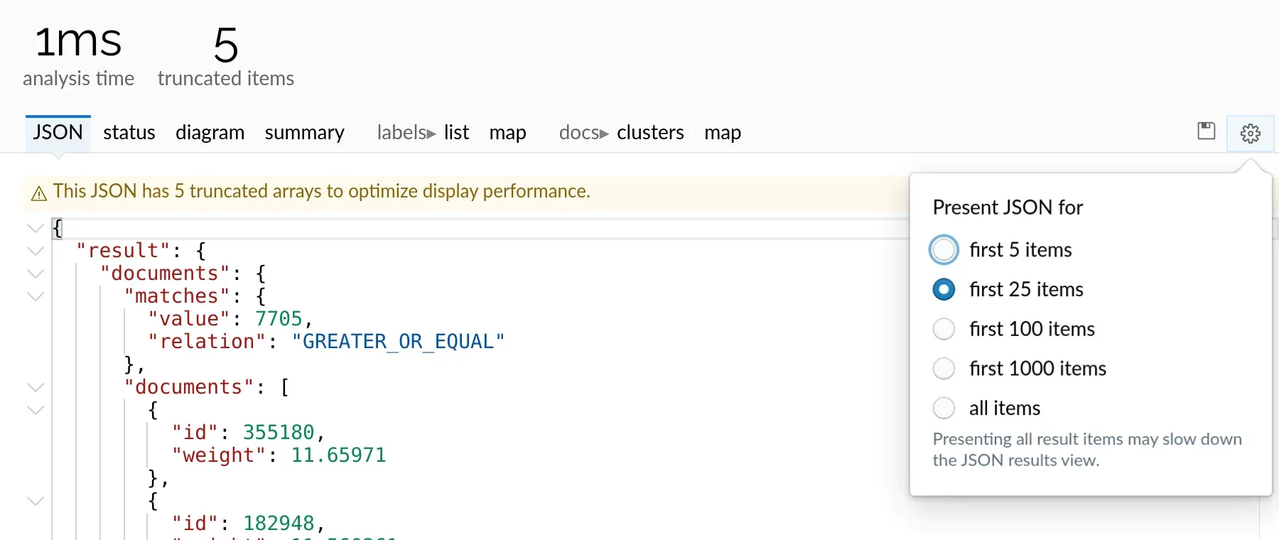 Lingo4G JSON sandbox app: JSON results tab (light theme).