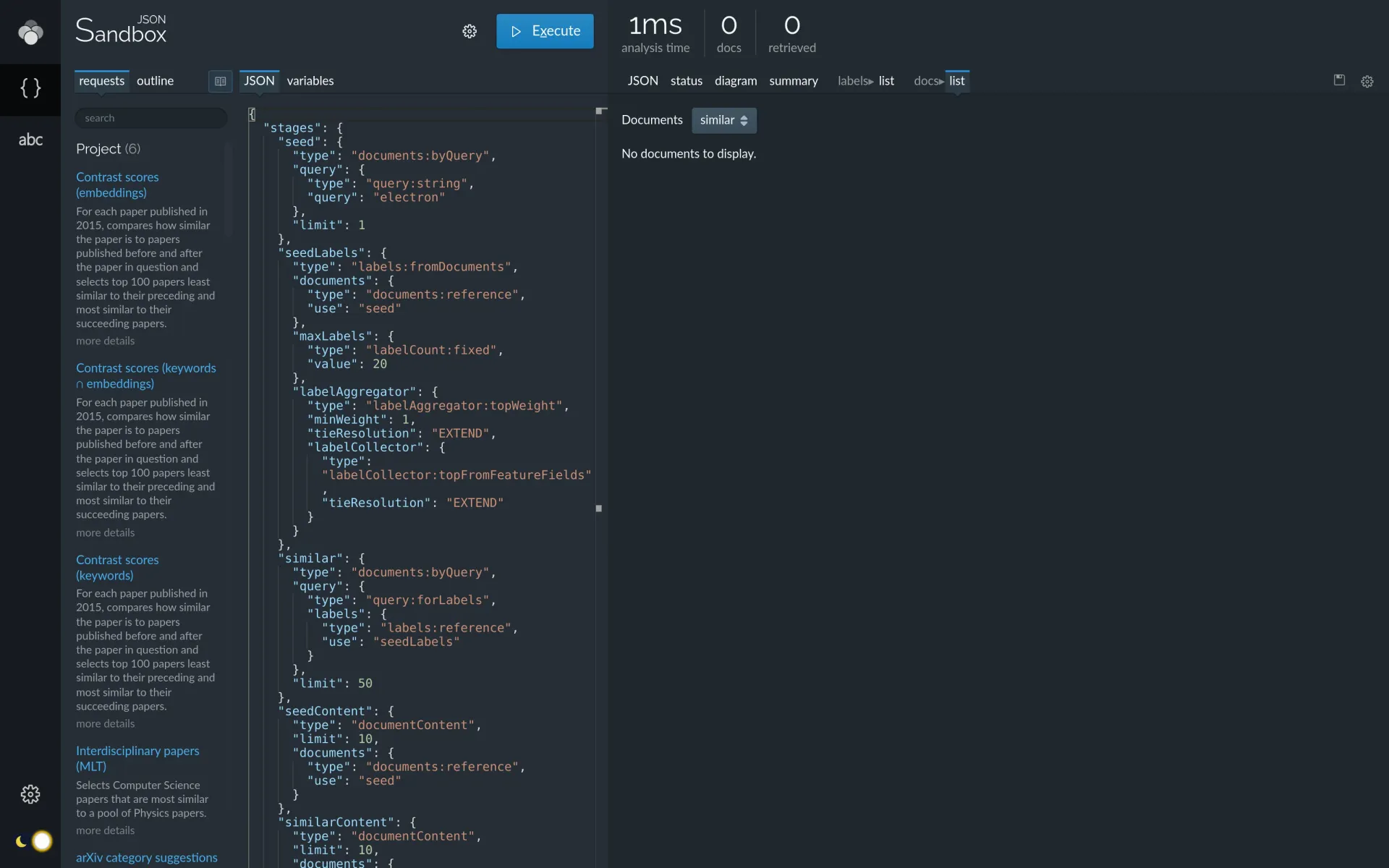 Keyword-based finding of similar documents, document list (dark theme).