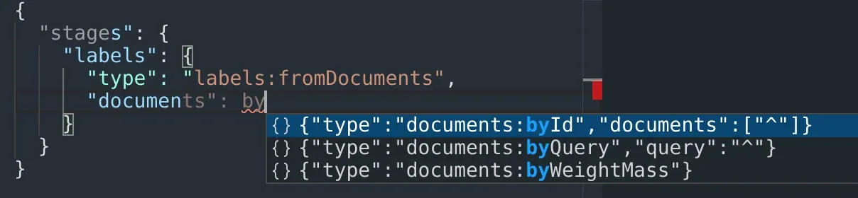 JSON request editor filtered stage-level autocomplete (light theme).