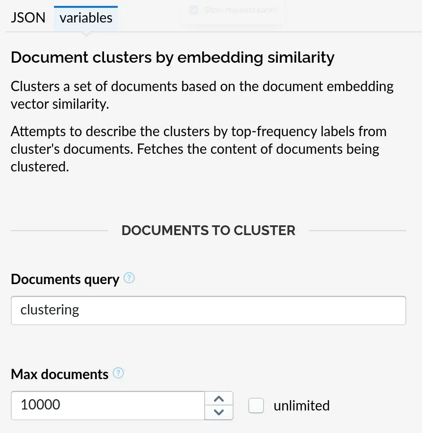 Lingo4G JSON sandbox app: variable editor (light theme).