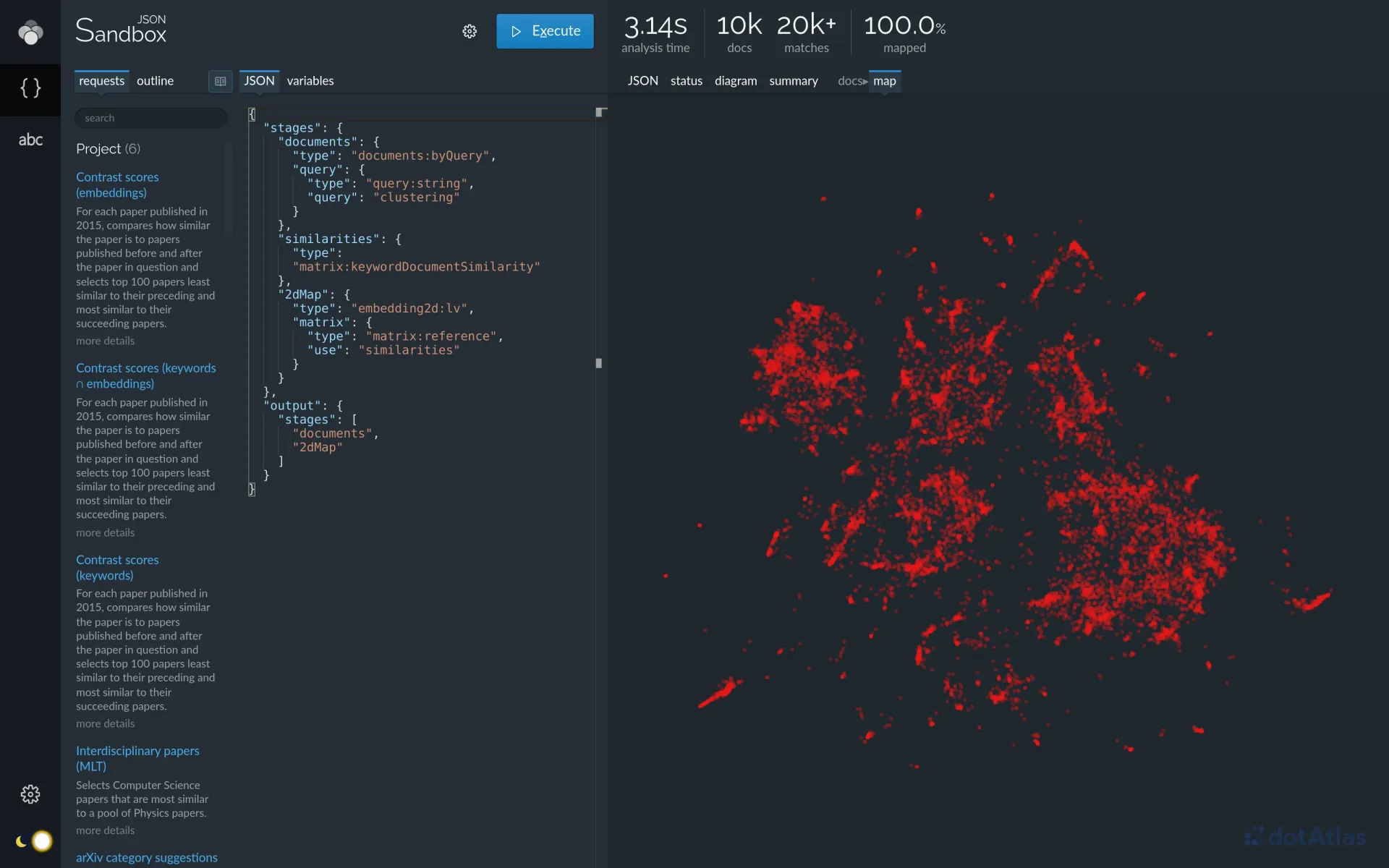 Lingo4G JSON sandbox app, 2d map of documents based on keyword similarity (dark theme).