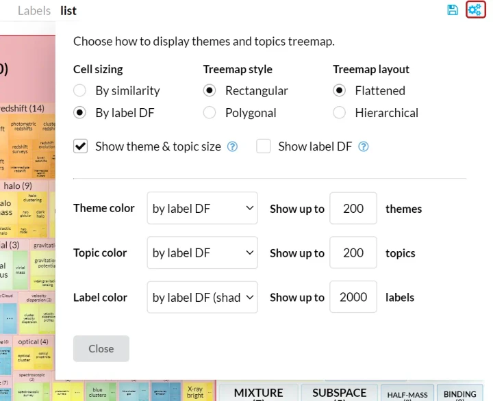 Topic treemap settings panel.